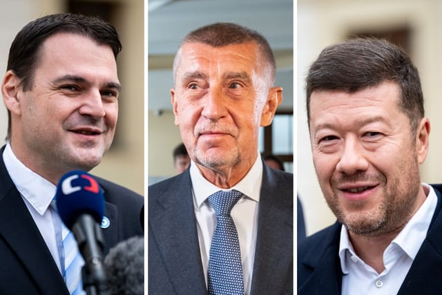 Петр Мацінка  („Motoristé sobě“),  Андрей Бабіш  (ANO),  Томіо Окамура  (SPD) | Фото: Zuzana Jarolímková,  iROZHLAS.cz