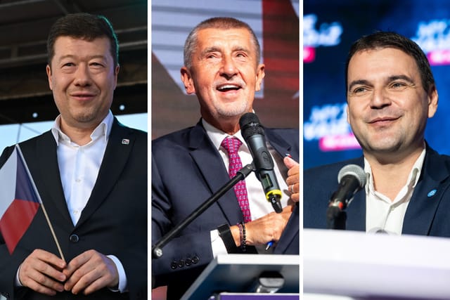 Томіо Окамура  (SPD),  Андрей Бабіш  (ANO) і Петр Мацінка  („Motoristé sobě“) | Фото: iROZHLAS.cz / Profimedia
