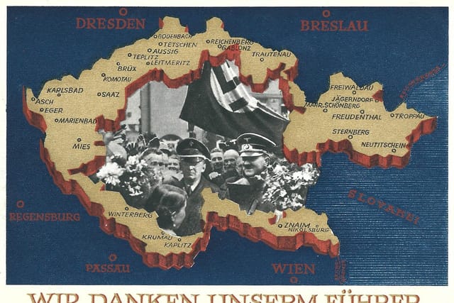Мапа анексованих Судет на пропагандистській листівці тих часів